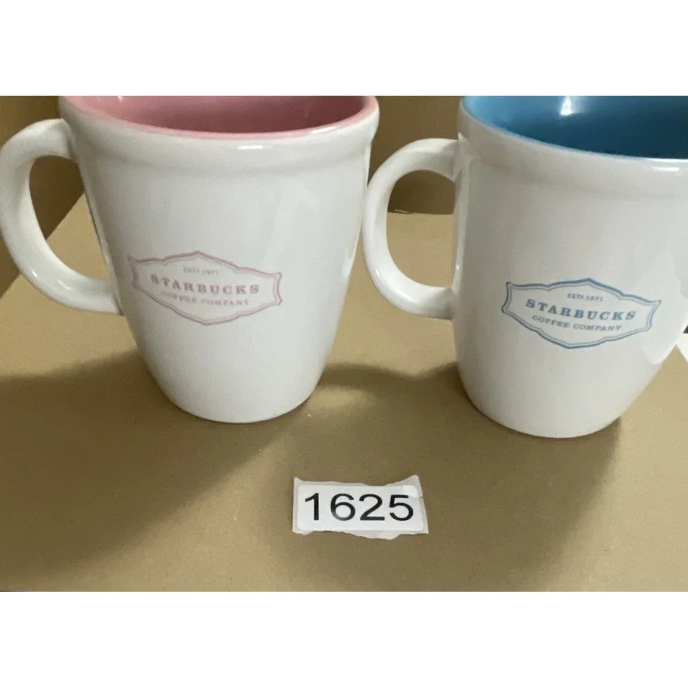 2 Starbucks Est. 1971 Abbey‎ Logo White Pink Blue Coffee Cup 13 oz. 2006 Wedding